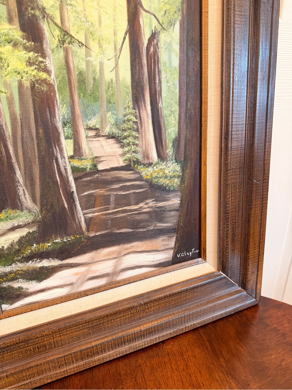 Framed Redwood Vintage Forest Path Oil Painting in Brown Frame - Picture 3 of 5